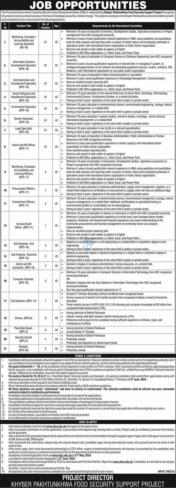 Khyber Pakhtunkhwa Food Security Support Project jobs 2024